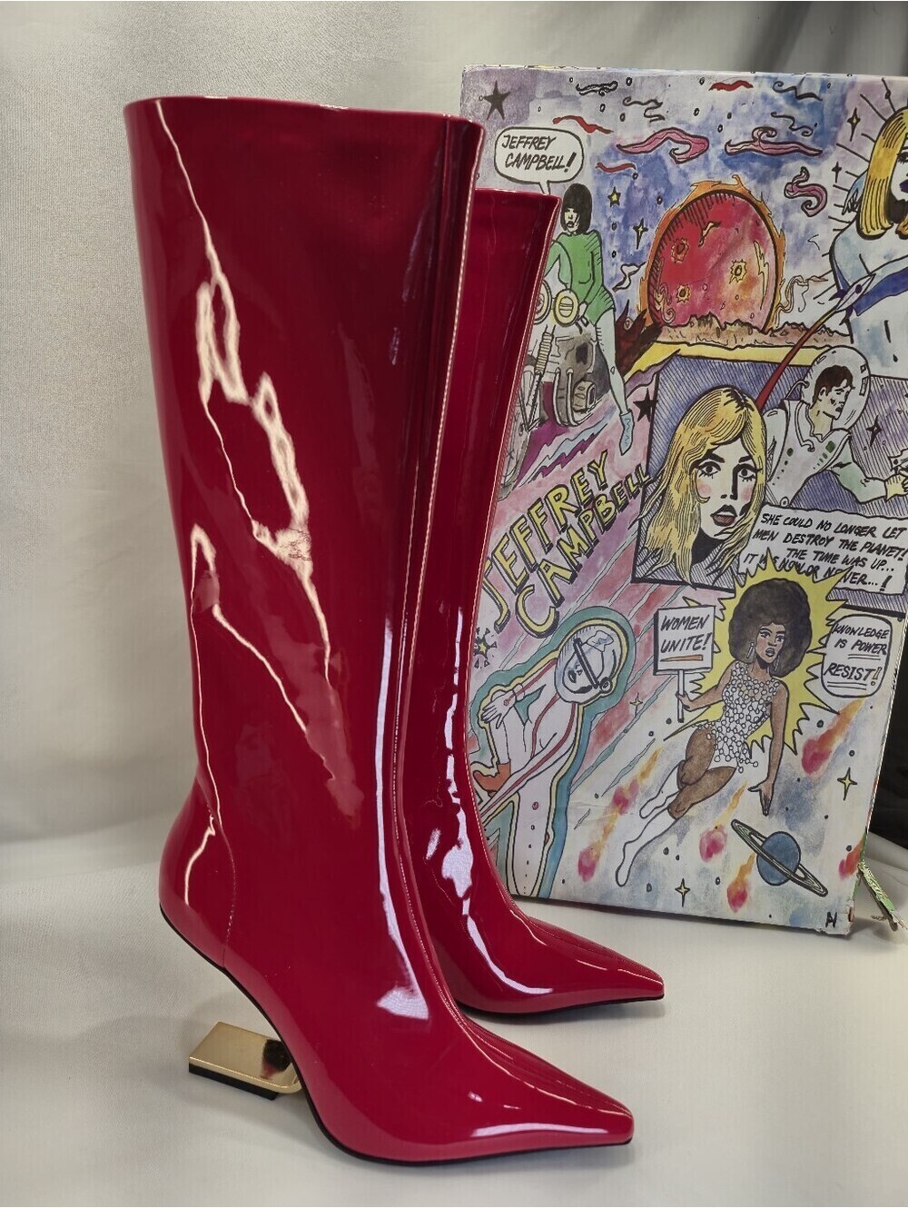 Jeffrey Campbell 6.5M Compass Red Patent Leather And Gold Hidden Heel Boots $229